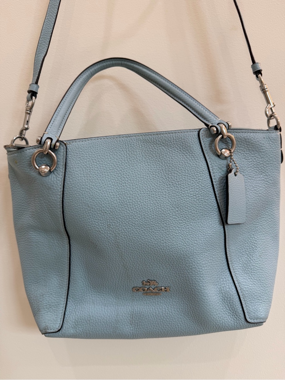 Coach Kacey Satchel. Pebbled Leather Tote Bag in Light Blue - Picture 2 of 7